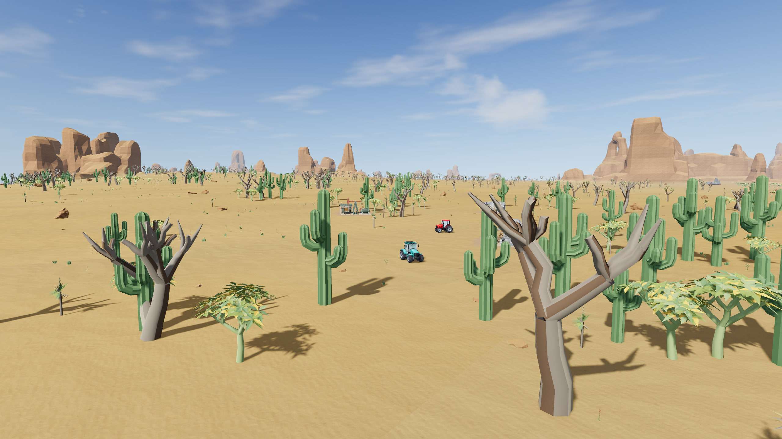 Saguaro cactus and bare desert trees on golden sand, red mesas behind, as two tractors cross toward an oil rig.