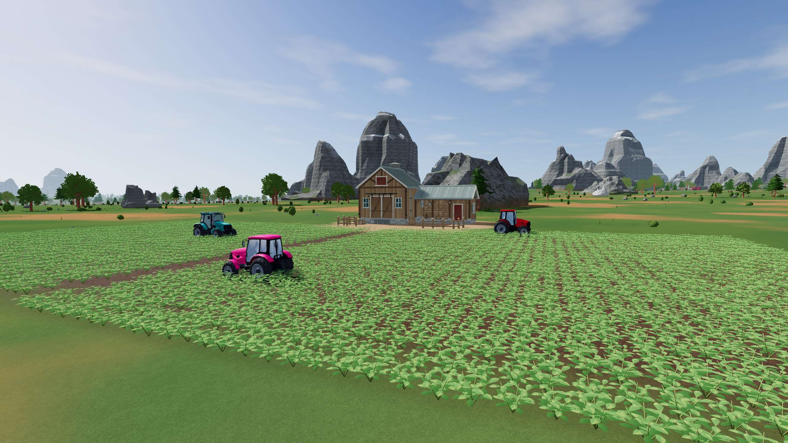 A field of potato plants in neat rows, worked by pink, teal and red tractors near a farmhouse under craggy peaks.