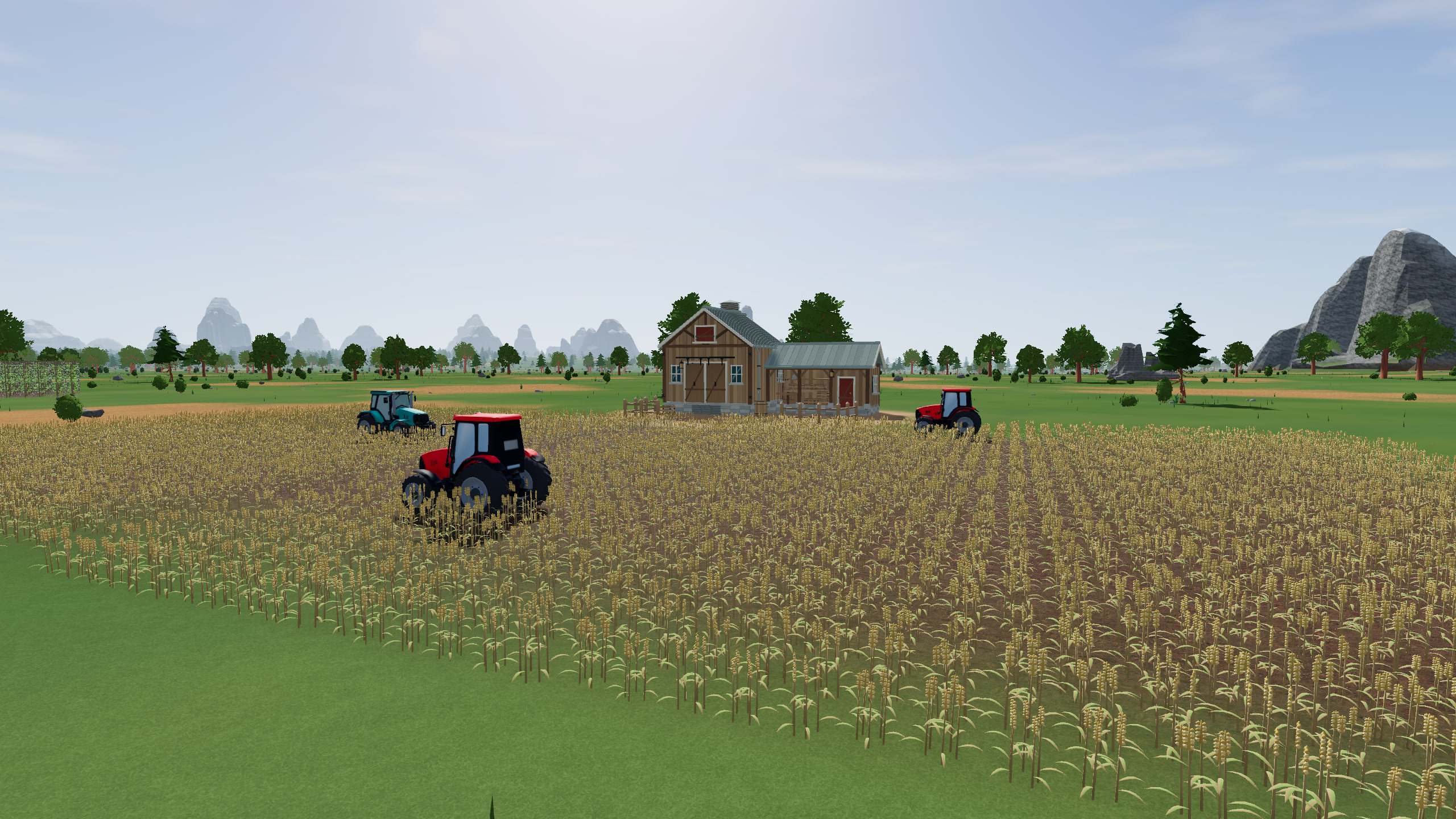 Ripe wheat on an arable farm, with red and teal tractors in the field beside a timber farmhouse.