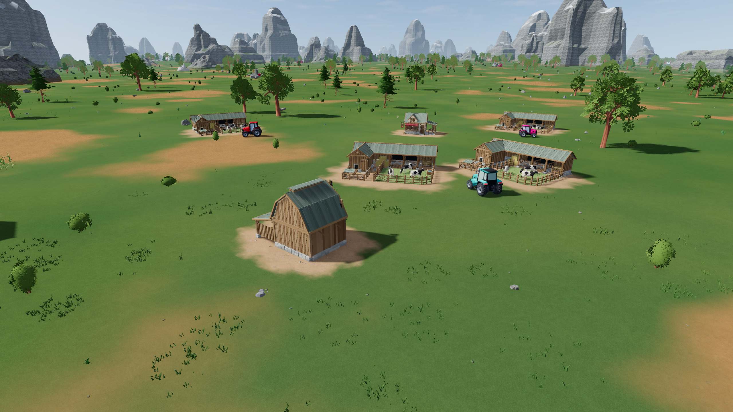 Ranches and barns spread across open grassland, cattle in their pens, with tractors parked outside and mountains beyond.