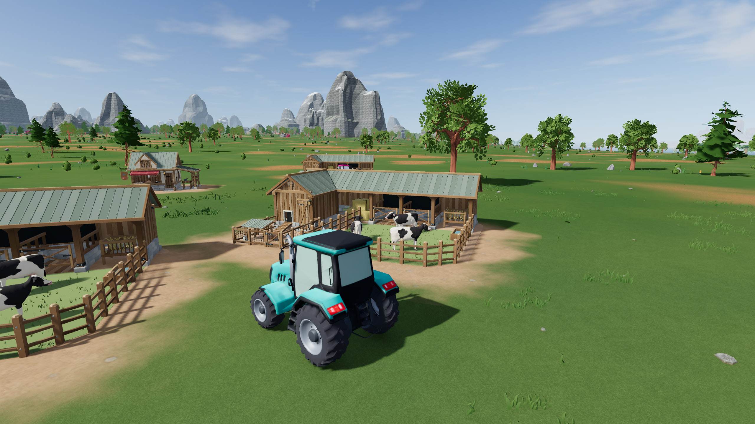A teal tractor at a ranch, where black-and-white cattle graze in fenced pens beside timber barns.